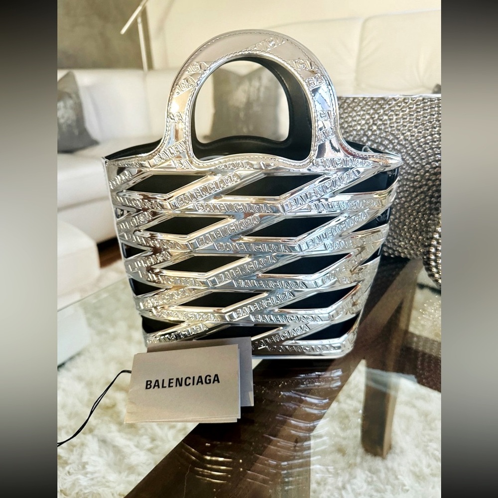 Balenciaga Neo Basket Metallic Silver Leather Small Satchel Bag